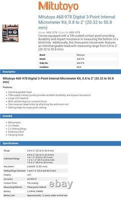 Mitutoyo 468-978 Digital 3-Point Internal Micrometer Kit, 0.8 to 2