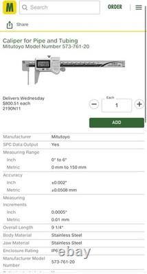 Mitutoyo 573-761-20 Digimatic Tube Caliper 0 6 / 0 150mm SPC IP67