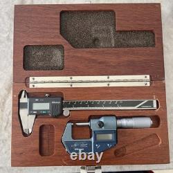 Mitutoyo Digital Calipers 500-136 & Digital Micrometer 293-765-30 Set Wood Case